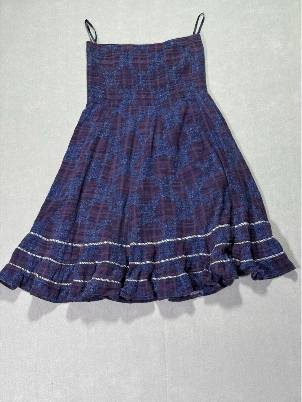 Free People Purple Blue Floral Ruffle A-Line Cotton Knee Length Skirt Size 4